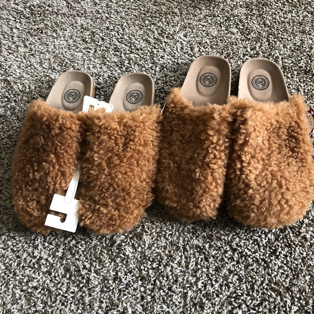 Fluffy cork clogs brown sizes 9-10 and 11.